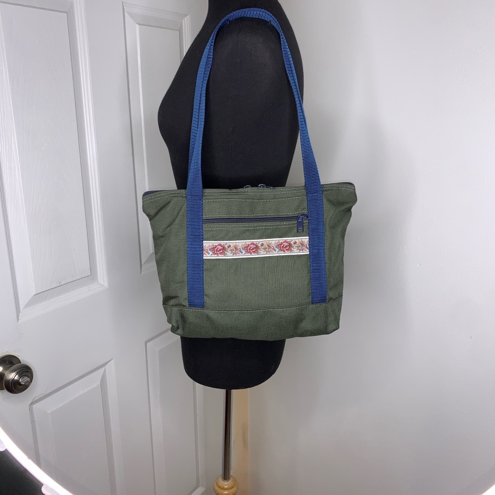 VINTAGE TOTE BAG DOUBLE ZIPPER CANVAS COTTAGE CORE BLUE/GREEN/FLORAL